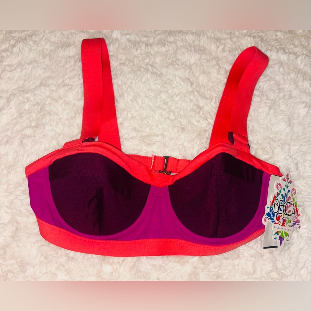 NWT Becca Women's Pink and Purple Bikini Top Size: Small